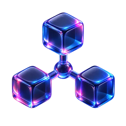 Three glass cubes joined to a central node, representing connected retail media inventory